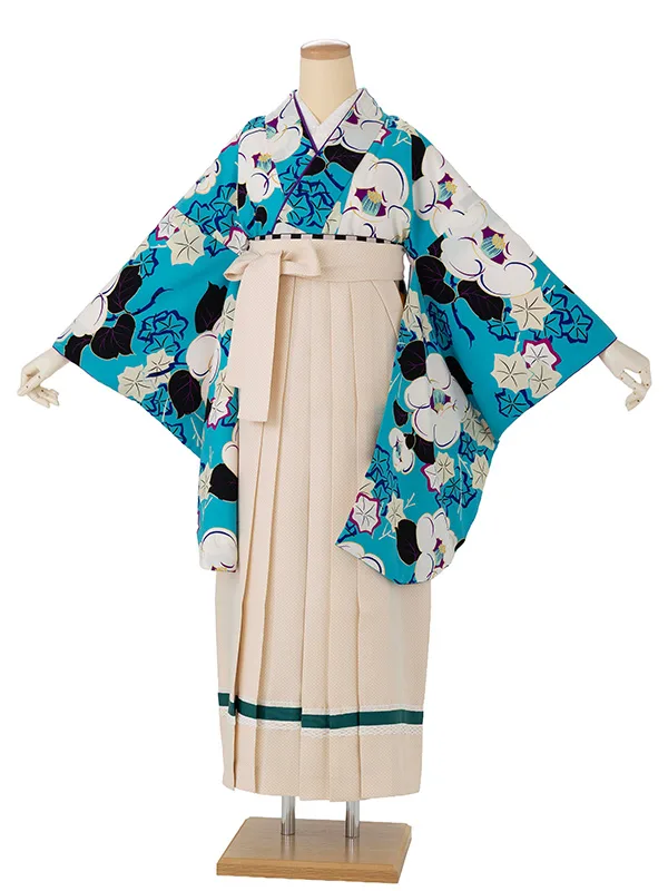 卒業式袴レンタルM1286昭和椿・ターコイズ×ドットライン/ベージュ