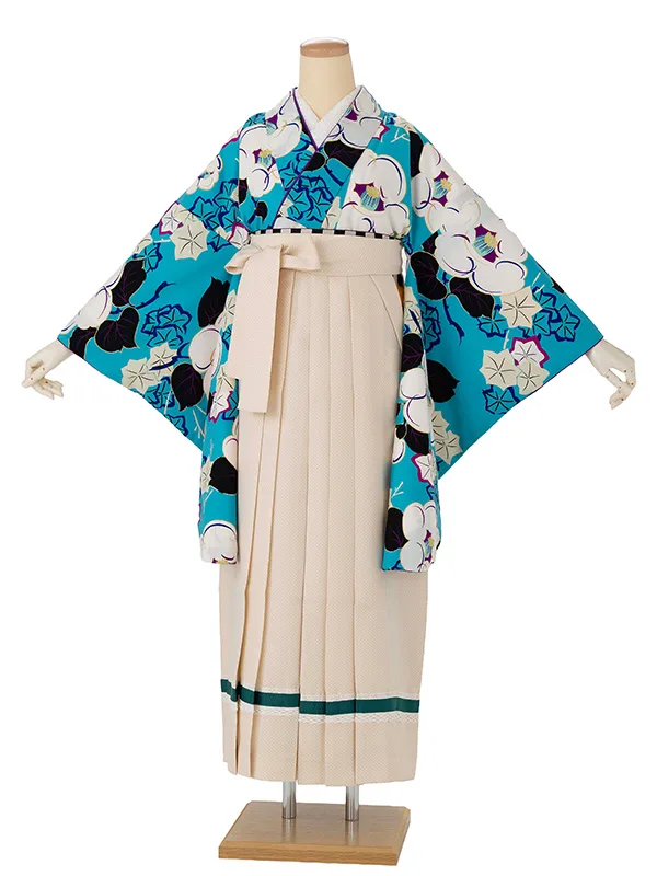 卒業式袴レンタルM1286昭和椿・ターコイズ×ドットライン/ベージュ