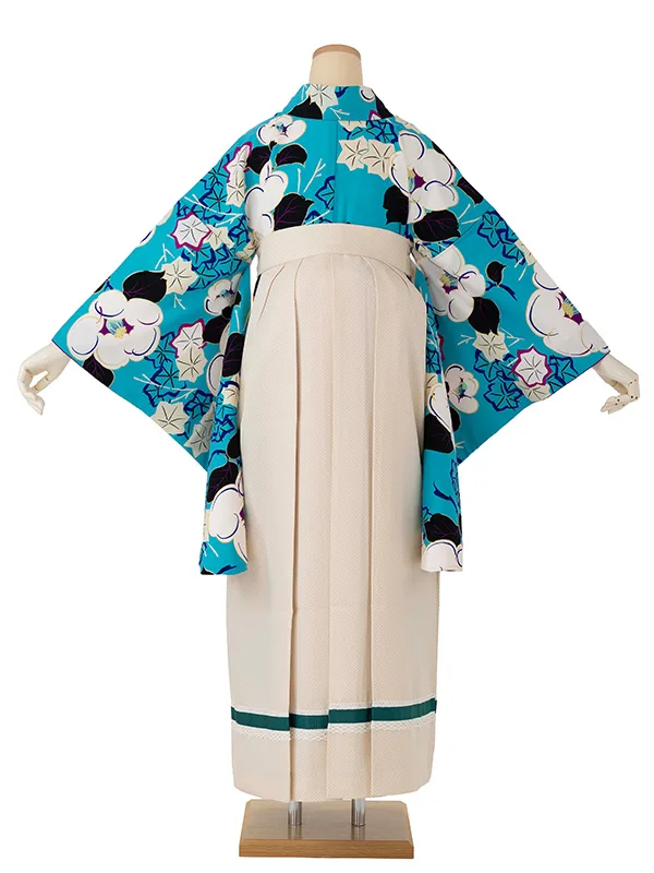 卒業式袴レンタルM1286昭和椿・ターコイズ×ドットライン/ベージュ