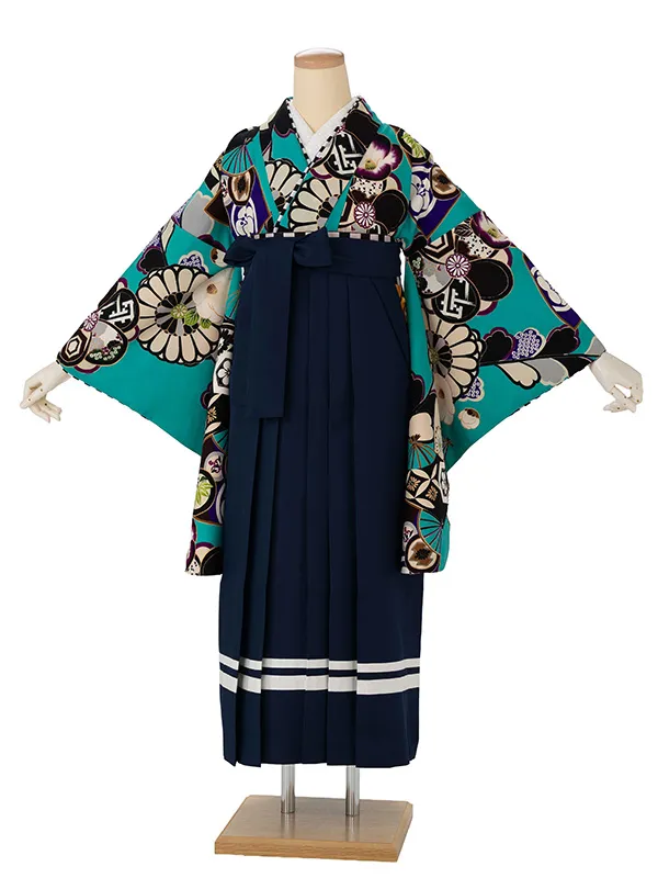 卒業式袴レンタルM1303扇面に菊・ターコイズ