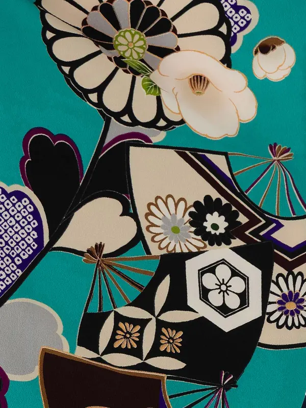 卒業式袴レンタルM1303扇面に菊・ターコイズ