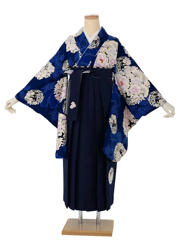 卒業式袴レンタルM1306花丸紋・ネイビー×NH刺繍（花丸紋）・紺