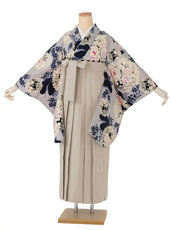 卒業式袴レンタルM1307花丸紋・ネイビー×梅刺繍・アイボリー