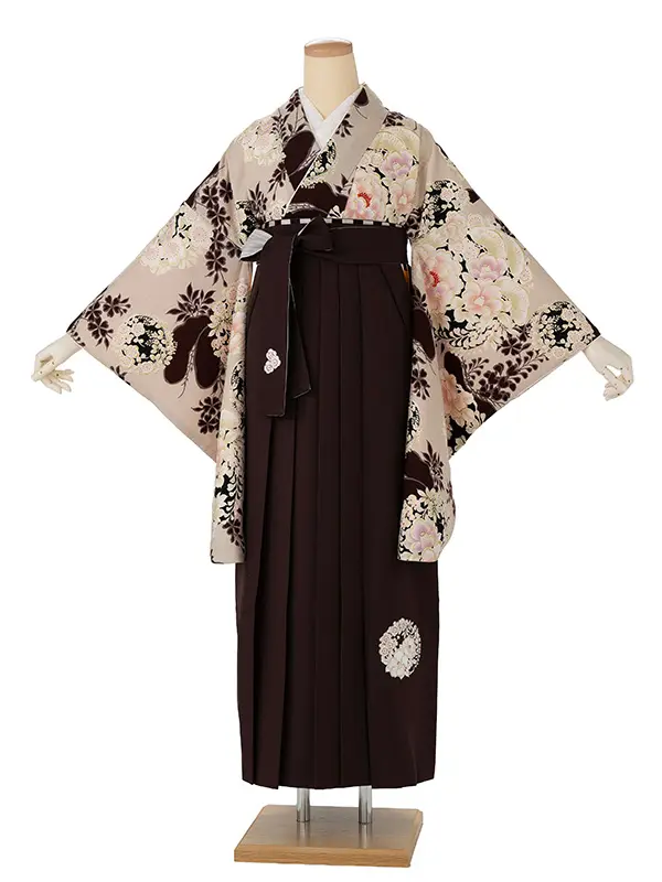 卒業式袴レンタルM1308花丸紋・ベージュ×梅刺繍・焦げ茶