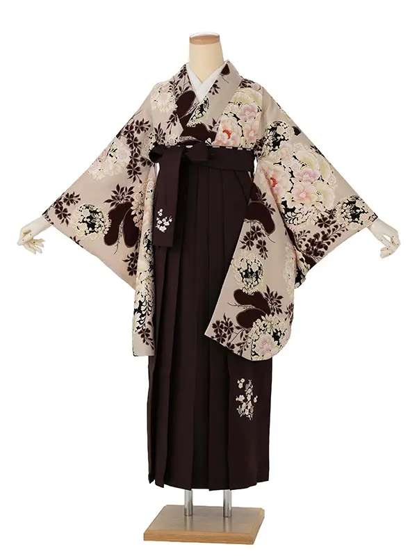 卒業式袴レンタルM1308花丸紋・ベージュ×梅刺繍・焦げ茶