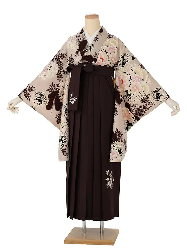 卒業式袴レンタルM1308花丸紋・ベージュ×梅刺繍・焦げ茶