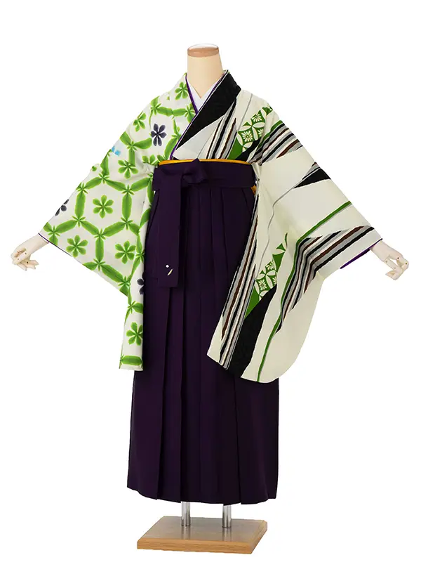 卒業式袴レンタルM1313片身替わり／矢絣・緑×黒×紫