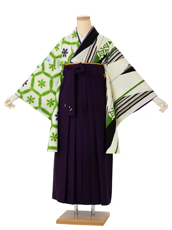 卒業式袴レンタルM1313片身替わり／矢絣・緑×黒×紫