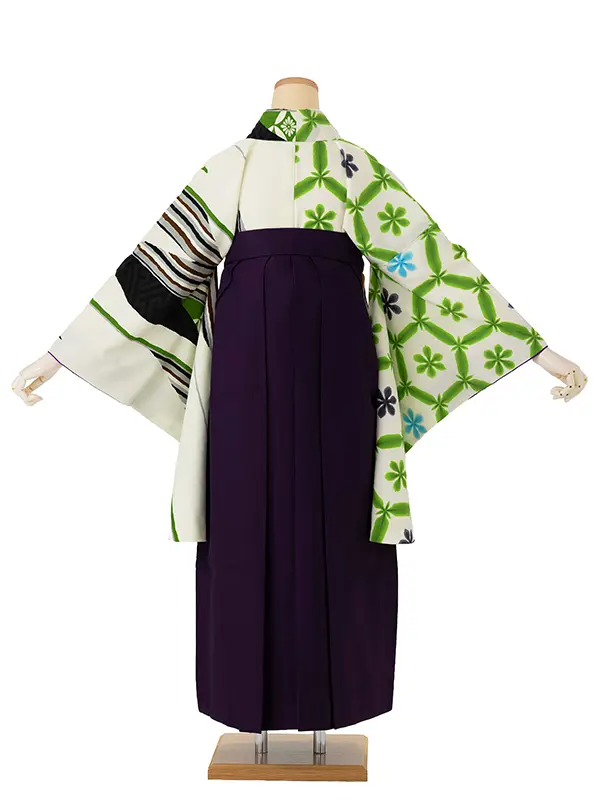 卒業式袴レンタルM1313片身替わり／矢絣・緑×黒×紫