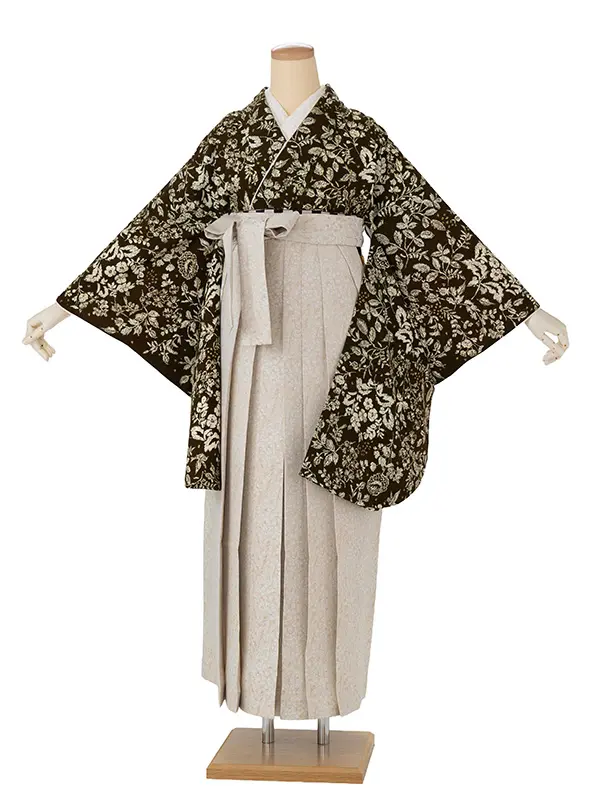 卒業式袴レンタルM1321更紗・オリーブ×小花／ベージュ