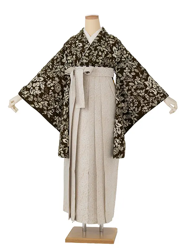 卒業式袴レンタルM1321更紗・オリーブ×小花／ベージュ