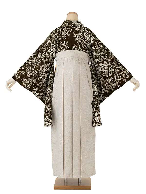 卒業式袴レンタルM1321更紗・オリーブ×小花／ベージュ
