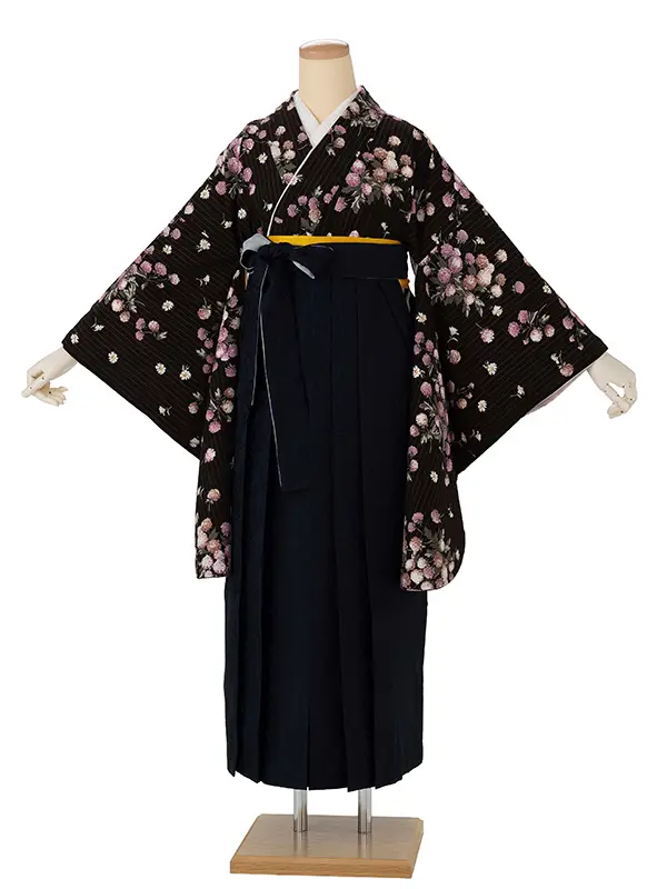 卒業式袴レンタルM1323小花・焦茶×小花／紺