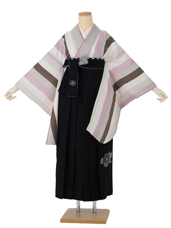 卒業式袴レンタルM1341淡縞・ピンク×バラ　刺繍/黒