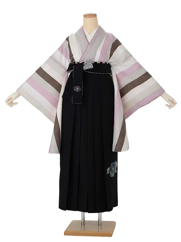 卒業式袴レンタルM1341淡縞・ピンク×バラ　刺繍/黒