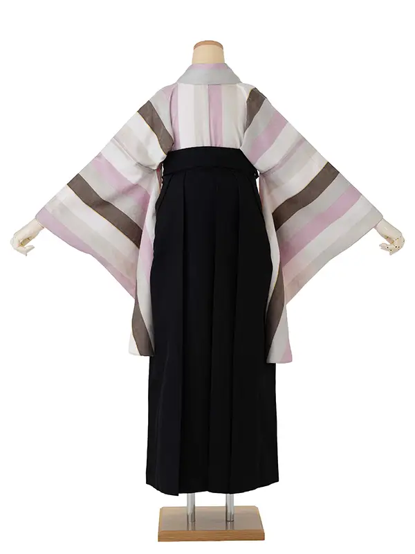 卒業式袴レンタルM1341淡縞・ピンク×バラ　刺繍/黒