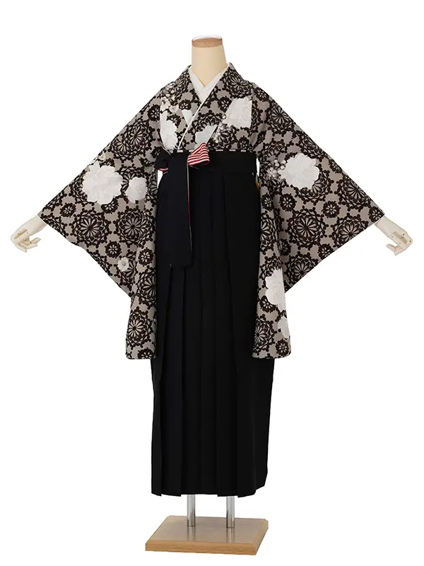 卒業式袴レンタルM1343ダマスク/茶×縞/黒