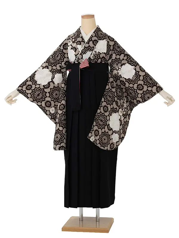 卒業式袴レンタルM1343ダマスク/茶×縞/黒