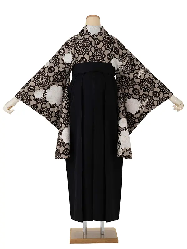 卒業式袴レンタルM1343ダマスク/茶×縞/黒