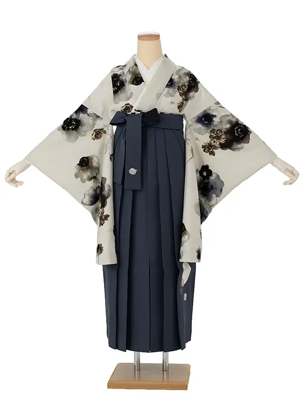 卒業式袴レンタルM1346アネモネ/花色/青×鞠　刺繍/ブルーグレー