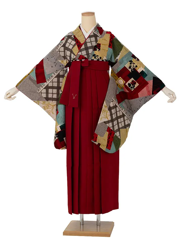 卒業式袴レンタルM1348星間（バラ）/赤×バイカラー／赤×黒レース