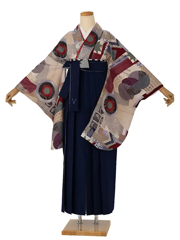 卒業式袴レンタルM1350MOVE(幾何学)/紫×バイカラー／紺×白レース