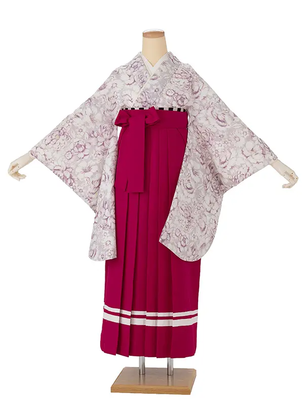 卒業式袴レンタルM1372ヴィンテージ花・ピンク×2ライン/ピンク