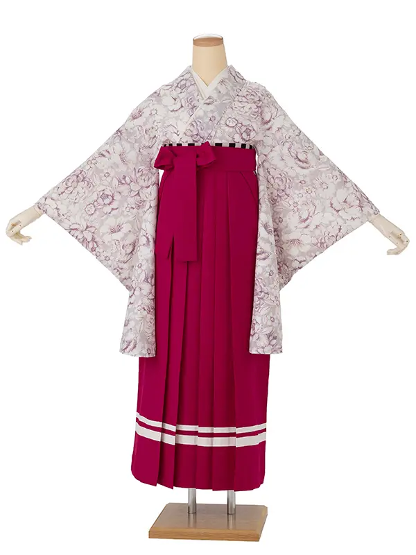 卒業式袴レンタルM1372ヴィンテージ花・ピンク×2ライン/ピンク