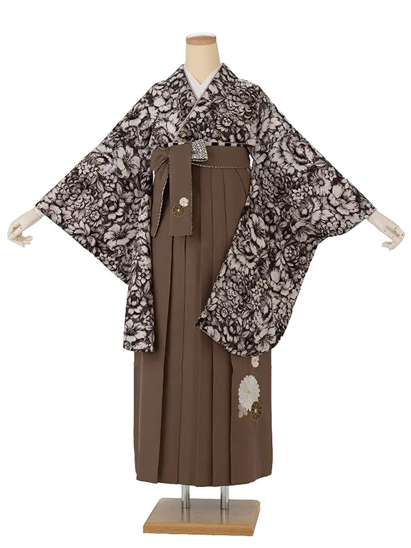 卒業式袴レンタルM1373ヴィンテージ花・セピア×万寿菊　刺繍/茶