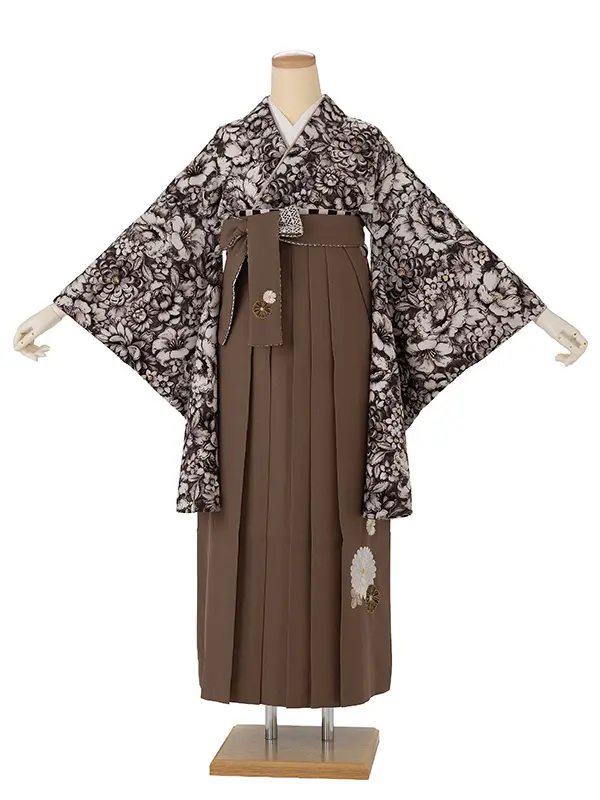 卒業式袴レンタルM1373ヴィンテージ花・セピア×万寿菊　刺繍/茶