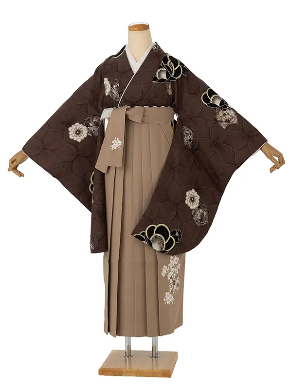 卒業式袴レンタルM1376西洋の梅・ブラウン×花丸紋に桜　刺繍・薄茶