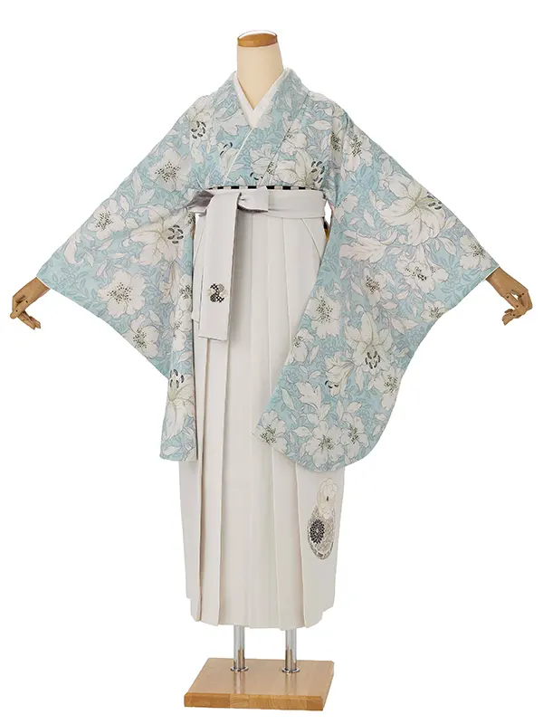 卒業式袴レンタルM1380ゆり・スモーキーブルー×菊絵皿　刺繍・オフ白