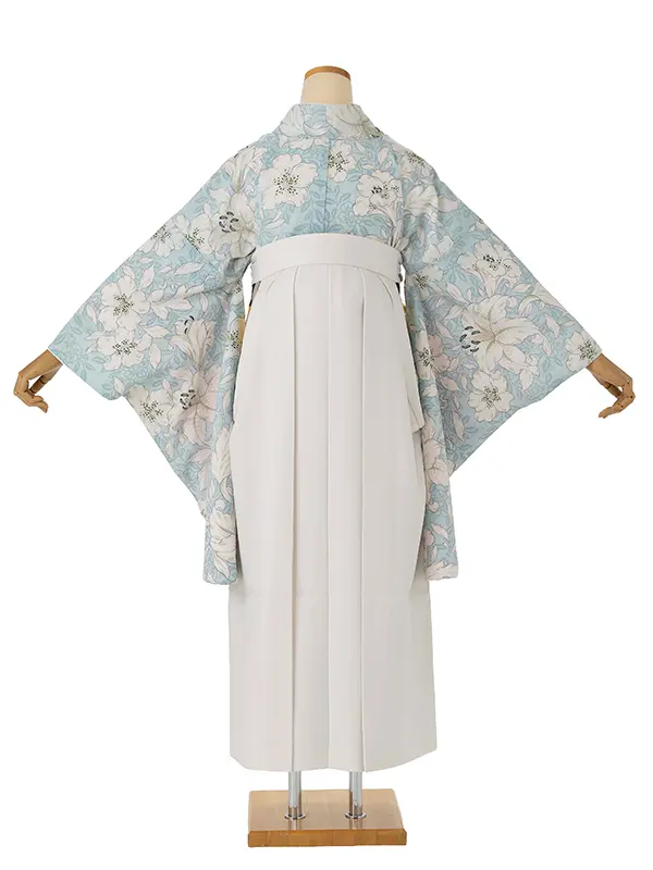 卒業式袴レンタルM1380ゆり・スモーキーブルー×菊絵皿　刺繍・オフ白
