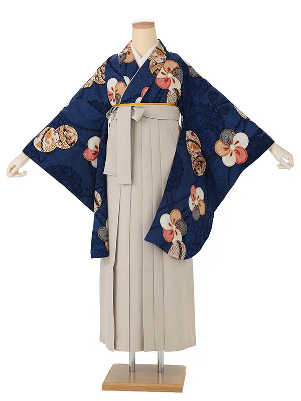 卒業式袴レンタルM1384まりとねじり梅・ネイビー×紐裏ストライプ／ベージュ