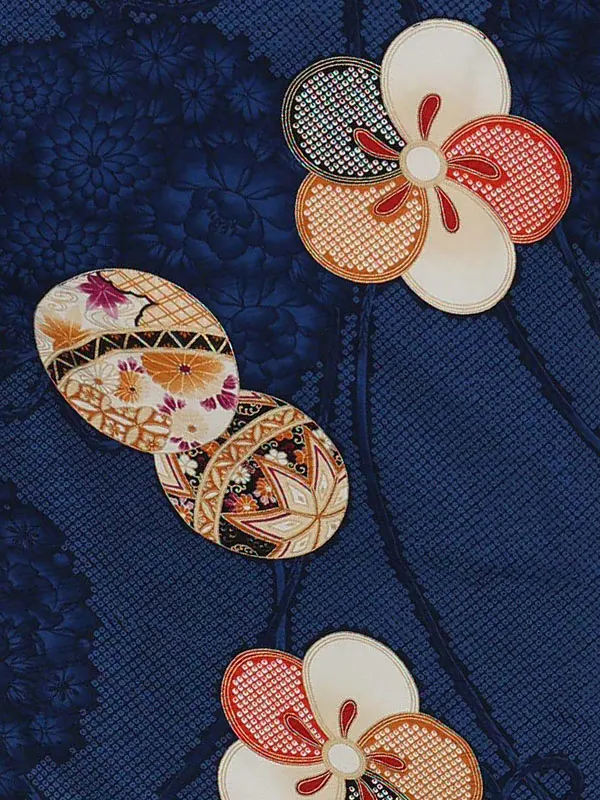 卒業式袴レンタルM1384まりとねじり梅・ネイビー×紐裏ストライプ／ベージュ