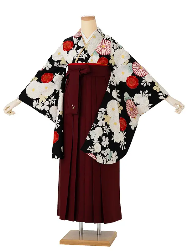 卒業式袴レンタルM1386白菊・黒×えんじ