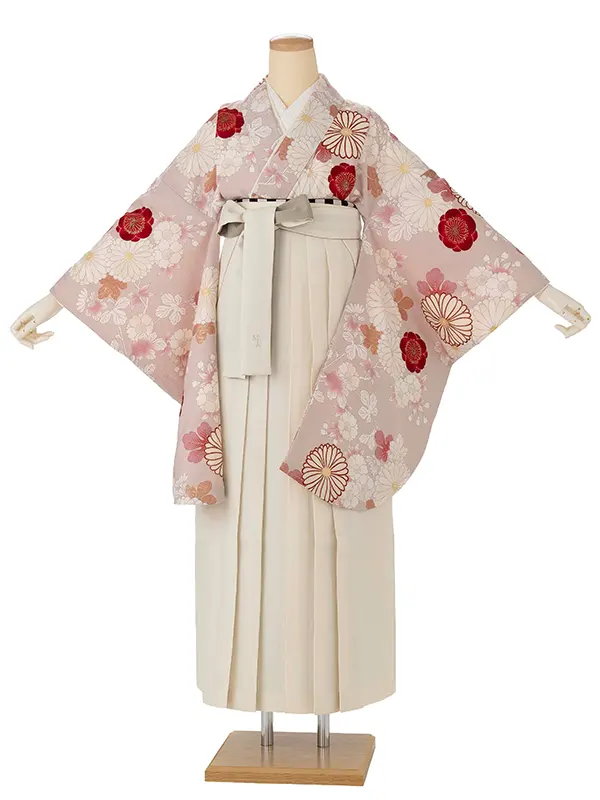卒業式袴レンタルM1387白菊・ピンク×プリーツ切り返し・クリーム×ベージュ