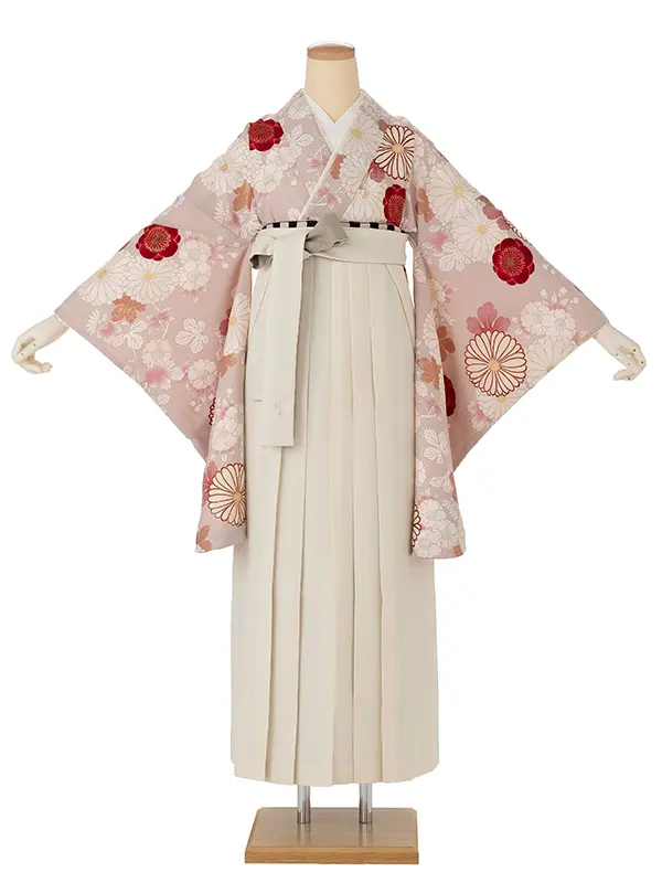 卒業式袴レンタルM1387白菊・ピンク×プリーツ切り返し・クリーム×ベージュ