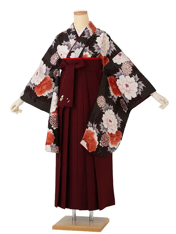 卒業式袴レンタルM1389藤と牡丹・焦茶×えんじ