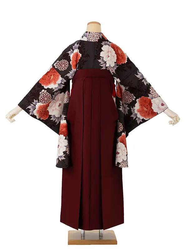 卒業式袴レンタルM1389藤と牡丹・焦茶×えんじ