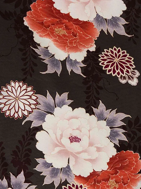 卒業式袴レンタルM1389藤と牡丹・焦茶×えんじ