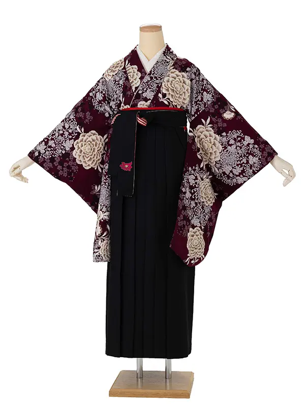 卒業式袴レンタルM1391東洋牡丹・葡萄色×縞/黒