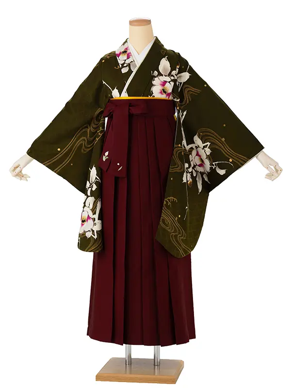 卒業式袴レンタルM1393流水椿・苔色×えんじ