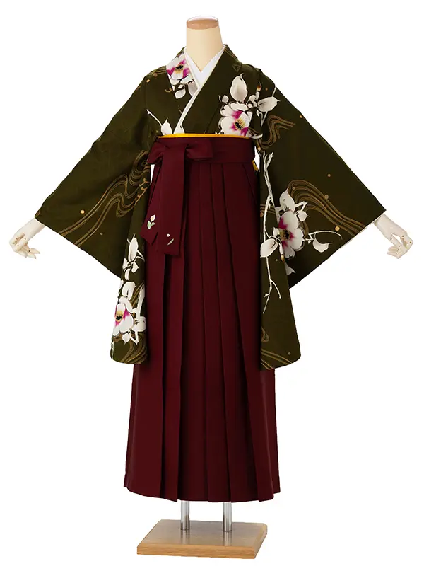 卒業式袴レンタルM1393流水椿・苔色×えんじ