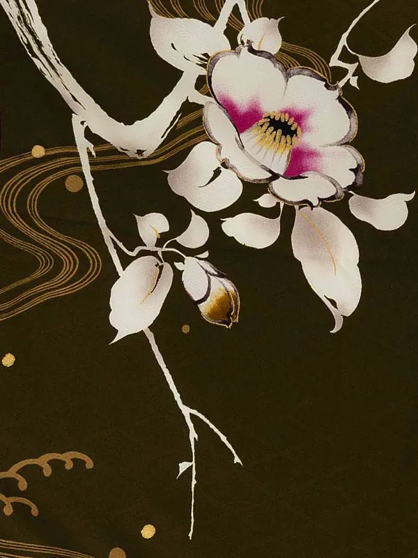 卒業式袴レンタルM1393流水椿・苔色×えんじ