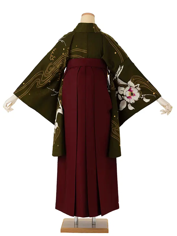 卒業式袴レンタルM1393流水椿・苔色×えんじ