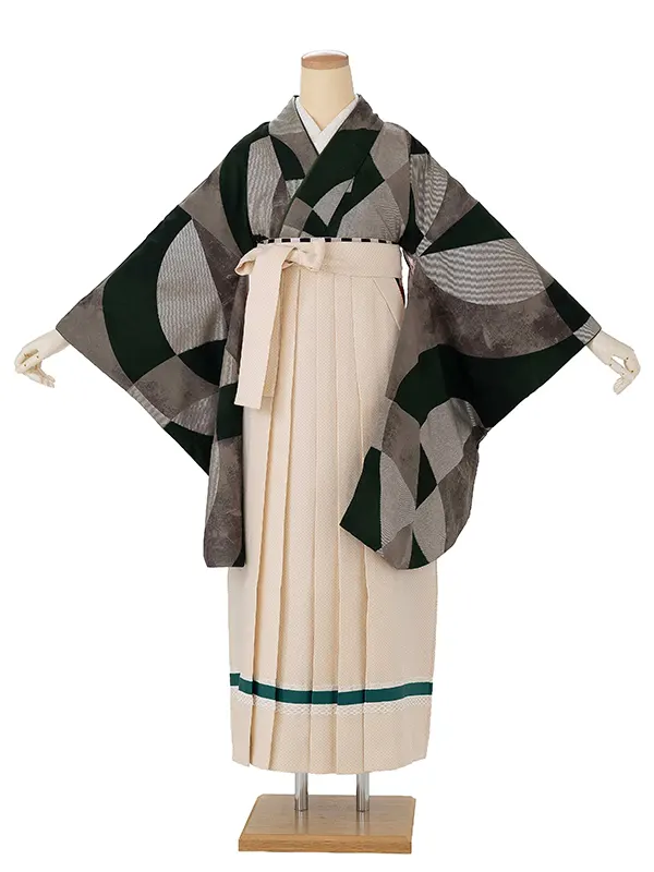 卒業式袴レンタルM1398AリングとBリング・緑×ドットライン/ベージュ