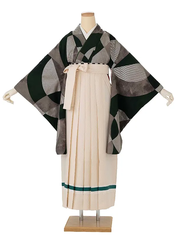 卒業式袴レンタルM1398AリングとBリング・緑×ドットライン/ベージュ