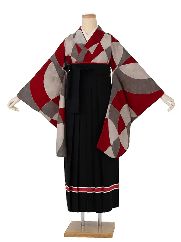 卒業式袴レンタルM1399AリングとBリング・赤×ライン/黒