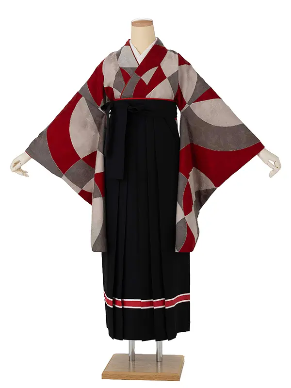 卒業式袴レンタルM1399AリングとBリング・赤×ライン/黒